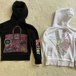 Lot Of 2 Girls Butter Super Soft Embellished Hoodies Size 4 Black And White
